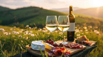 Picnic with white wine served outside with cheese and charcuterie, sunset light, beautiful valley, winemaking region - obrazy, fototapety, plakaty