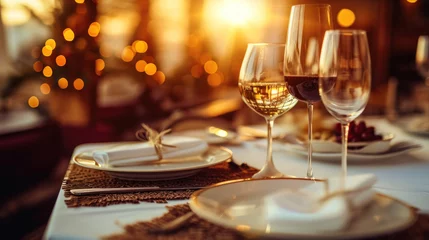 Fotobehang Glasses of red and white still wine on restaurant table, wine tasting event © Kondor83