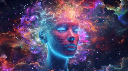 A portrait where human consciousness merges with the cosmos, depicted through a fusion of a contemplative face and a vibrant nebula, symbolizing the infinite potential of the mind.