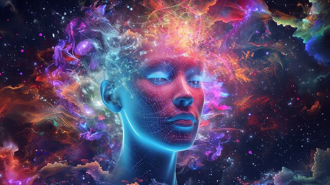 A portrait where human consciousness merges with the cosmos, depicted through a fusion of a contemplative face and a vibrant nebula, symbolizing the infinite potential of the mind.
