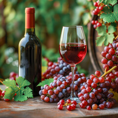 Obraz premium Still life of glass of red wine among red fresh grapes in front of wine bottles and wooden barrel. 