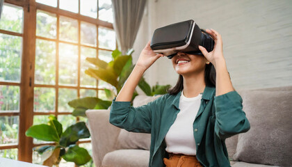 Asian woman play VR game for entertain at home, asian woman joyful in house on holiday.