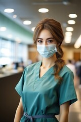 Fototapeta na wymiar Portrait of a young female doctor wearing a mask