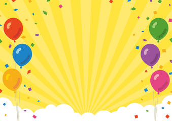 黄色い集中線を背景にした、風船と紙吹雪と雲のフレーム素材