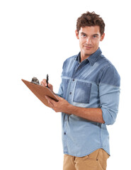 Man, portrait and clipboard in studio with writing, pen and confident as creative professional in start up. Person, face and notes for happy in career as entrepreneur, fashion and white background