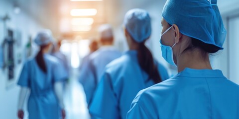 team doctors and nurses in hospital with back view. Doctor's Day , help and medicine, banner