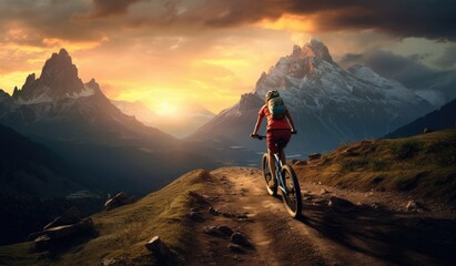 Fototapeta premium Person cycling on top of a mountain, professional photography, created with AI