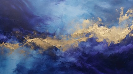 Abstract dark blue , violet and gold painting on canvas background