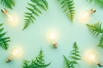 Ecology, save energy, environment and sustainability concept. Light bulbs with green fern leaves on light pastel blue background. Sustainable energy development