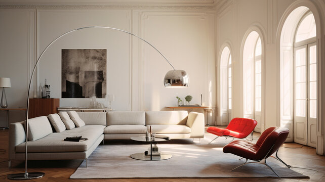 Living room interior with Arco Flos floor lamp.