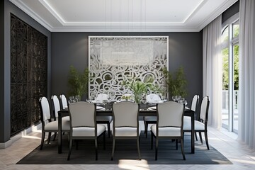 Elegant dining room with a large wooden wall sculpture