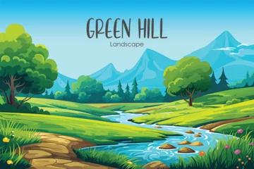 Schilderijen op glas landscape of green hill, river and mountains witt trees, vector wallpaper © Arash