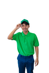 A smiling young Asian man in green T-shirt and blue pants uniform touch his green cap showing the service mind isolated on white background