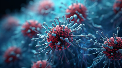 Microscopic view of virus particles with prominent spike proteins, blue and red realistic banner for healthcare. 