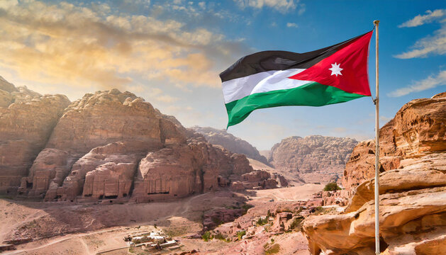 Jordan flag waving on the wind against Petra and Jordan city - Powered by Adobe