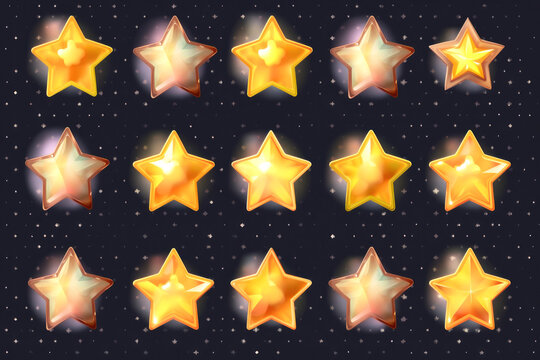 A large set of shiny gold star icons in different style on a dark background. Cartoon collection. Generative AI.