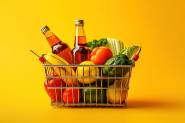 Supermarket grocery basket with food and drinks on a yellow background. Generative AI.