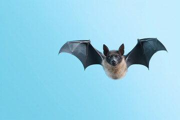 bat standing isolated, blue background, with copy space for text