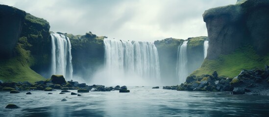 Scenic waterfall in front of a beautiful landscape, created with AI - obrazy, fototapety, plakaty
