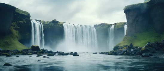 Poster Scenic waterfall in front of a beautiful landscape, created with AI © Timeless_art