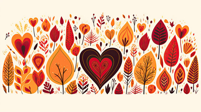 whimsical heart and leaf shapes art deco style nature shapes bold and fun bohemian style illustration love autumn theme in digital flat on beige background created with Generative AI Technology