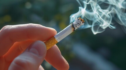 Person Holding Cigarette in Hand, Nicotine Addiction and Smoking Health Risk Concept