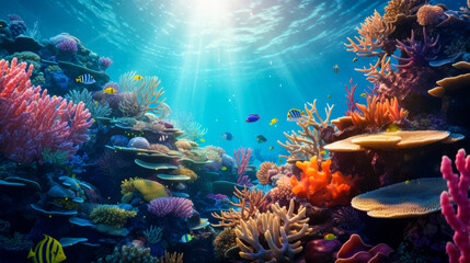 Fototapeta na wymiar Colorful underwater coral reef, colorful fish and sun rays penetrating underwater surface