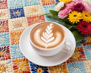 Cappuccino with Artful Foam on Mosaic Table