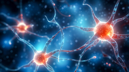 Illustration of neuron network cells with glowing link knots on blue background
