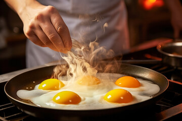 Close-up shot of frying pan on stove with fried eggs and cook's hand - obrazy, fototapety, plakaty