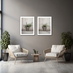 Modern Living Room Interior with Elegant Decor, Stylish interior design with plant decorations and wall art.