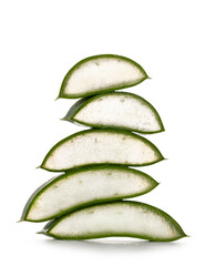 sliced pieces of Aloe Vera plant, stacked on top of each other. Isolated on a white background.