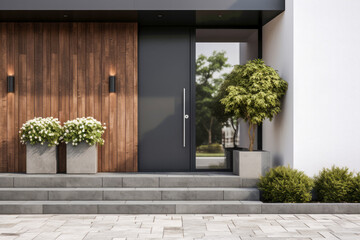 Entrance to modern family house - doors, stairs, ornamental shrubs and paved walkway