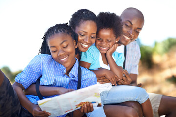 Happy, map or black family hiking in nature to relax or bond in park or holiday vacation together...