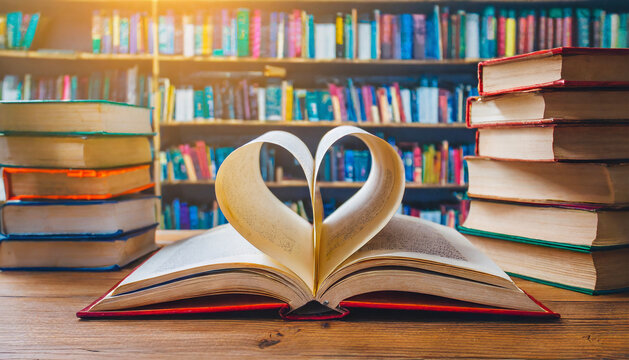 Book with open page of literature in heart shape and stack piles of textbooks on reading desk in library - Powered by Adobe