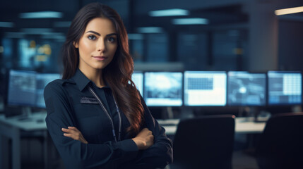 Portrait of a beautiful qualified professional woman in the field of cybersecurity, a dispatcher looking into the camera.