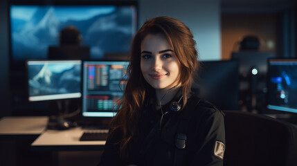 A friendly smiling female call center operator, a dispatcher with a headset using a computer, smiles sweetly in the office.