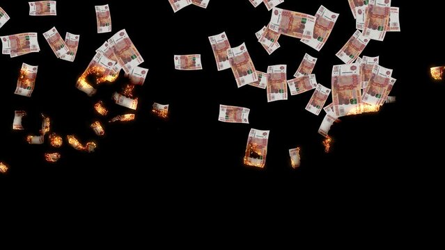 The ruble or rouble the currency banknote of Belarus and Russia burn out fire burning effect for money loss, waste, problem, crisis concept animation
