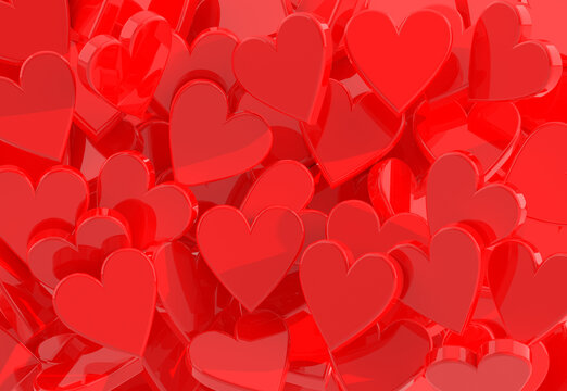 Heap from many red hearts. Valentine day design concept. Love background. 3D rendering image