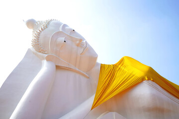 The reclining Buddha opens  his eyes in the posture of pleasing Rahu as a reminder to  eliminate intoxication, delusion, and seeing wrong as right.                                                     