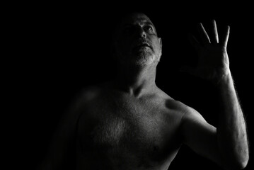 adult man facial and body expression black and white photo silhouette art composition