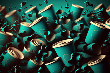 A graphic composition with lots of blue and white coffee cups with black lids