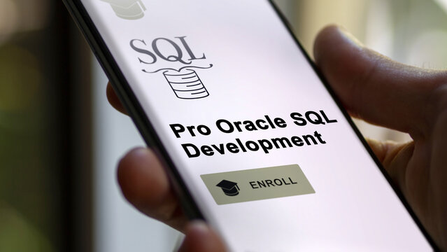 January 03th 2024. Student enrolls to Pro Oracle SQL Development program on a phone, artificial intelligence certification by e-learning