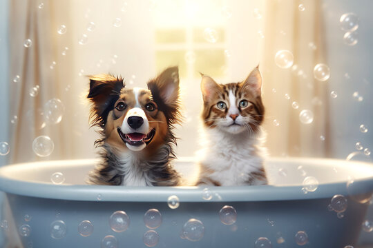 Close up of cute breed dog and cat look out of the bath