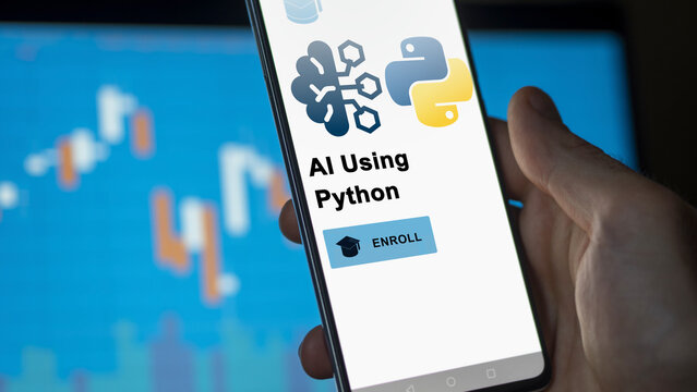January 03th 2024. Student enrolls to AI Using Python program on a phone, upskilling certification by e-learning
