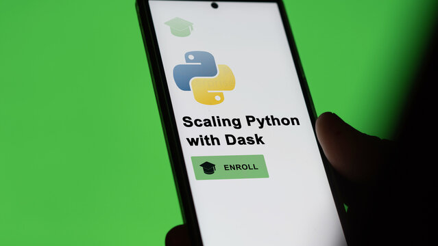 January 03th 2024. Student enrolls to Scaling Python with Dask program on a phone, upskilling certification by e-learning