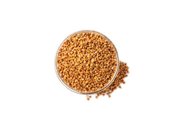 Raw buckwheat in a bowl isolated on white background.Wheat grains, porridge, cereals, raw buckwheat in a plate. Healthy food. Porridge. Diet. Organic cerea. Space for text.Copy space.
