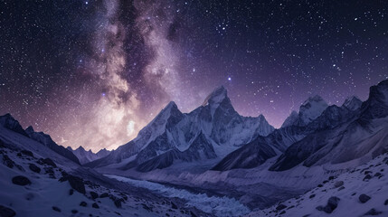 ネパールの夜の雪に覆われた岩と星空の素晴らしい景色GenerativeAI - obrazy, fototapety, plakaty