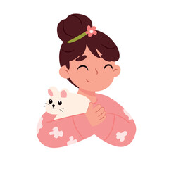 Cute little girl in pajamas with a white mouse. Vector illustration