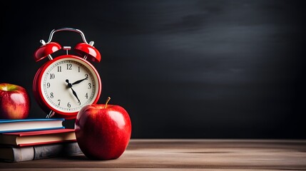 Alarm clock, school supplies and fresh red apple against blackboard background. Back to school or...